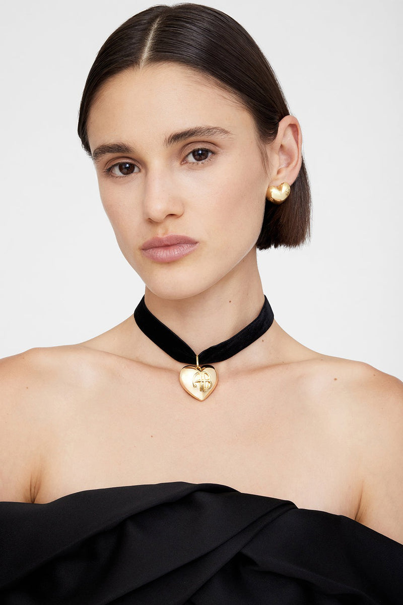 Chunky Heart Velvet Choker Black and Gold