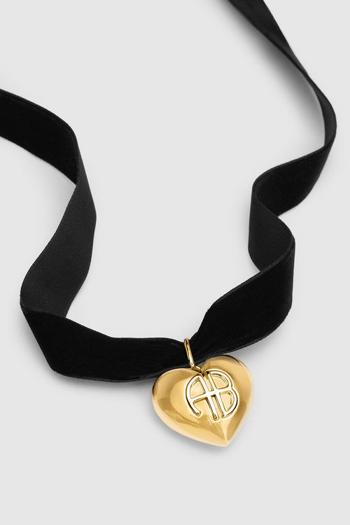 Chunky Heart Velvet Choker Black and Gold
