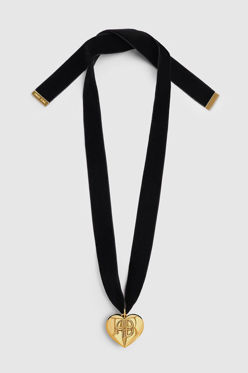 Chunky Heart Velvet Choker Black and Gold
