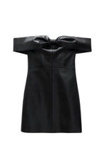 Black leather off-shoulder dress with a large bow on a white background