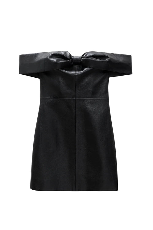 Black leather off-shoulder dress with a large bow on a white background