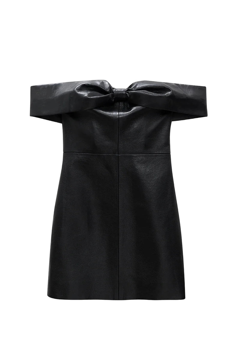 Black leather off-shoulder dress with a large bow on a white background