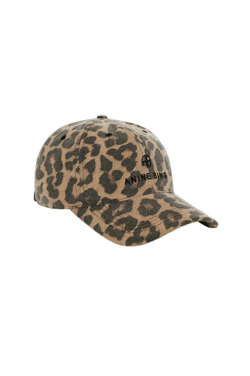 Leopard print cap with branding on a light gray background