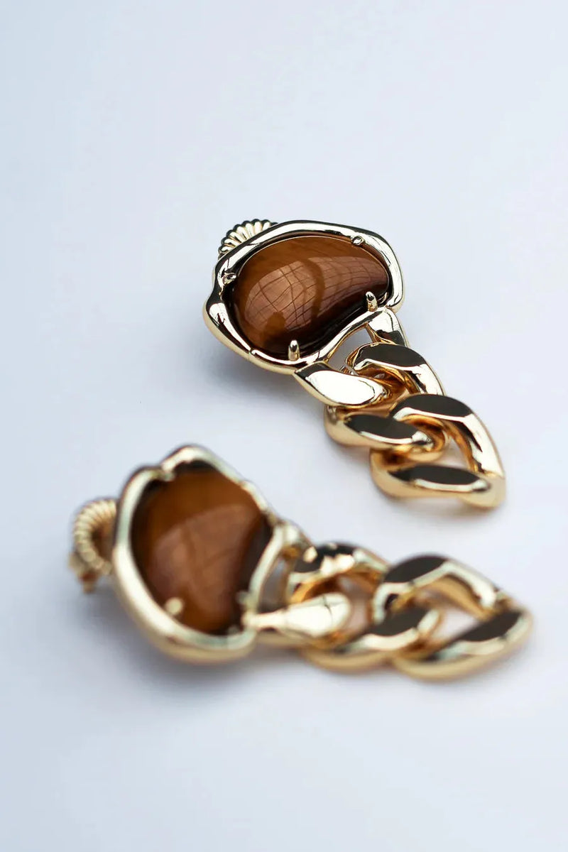 Bean Statement Chain Earrings Tiger's Eye 18K Gold Plating