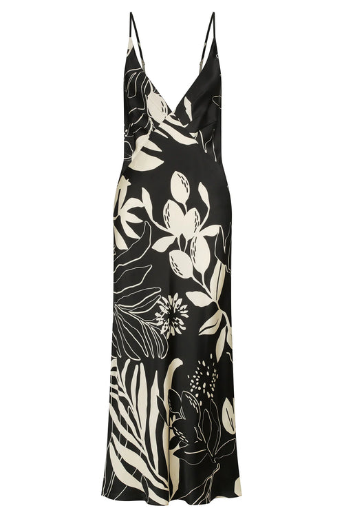 Capri Silk Plunged Slip Midi Dress Black/Cream