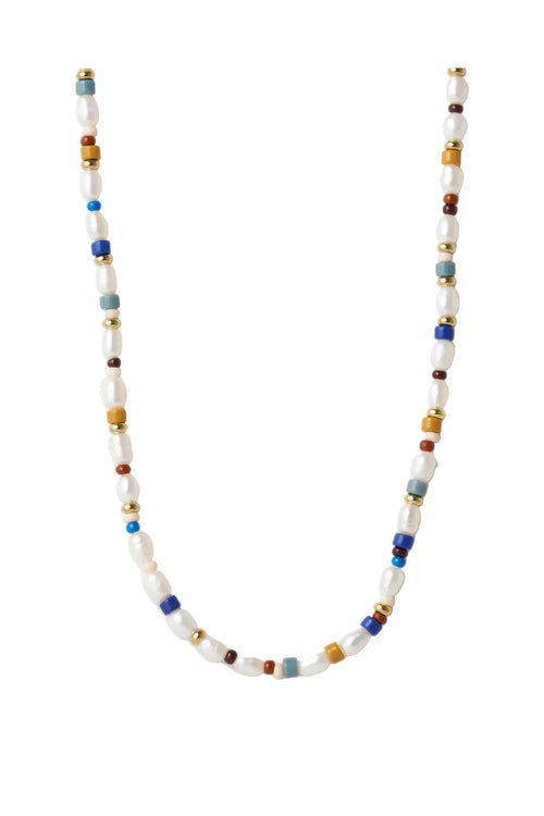Beaded necklace with multicolor beads on a white background