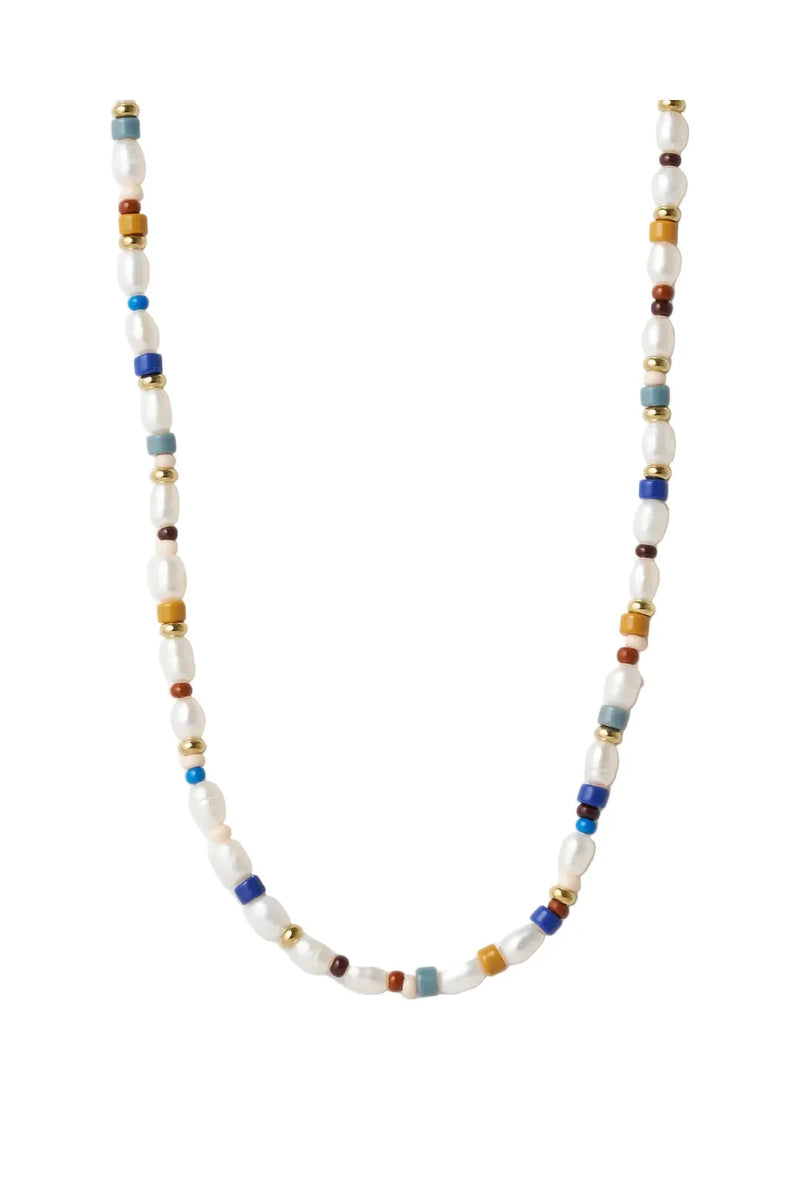 Beaded necklace with multicolor beads on a white background