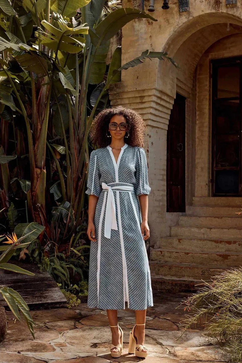 Coba Linen Viscose Midi Dress in Del Mar Stripe