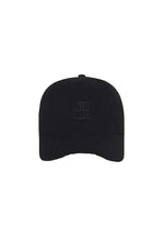 Black cap with a logo on a white background