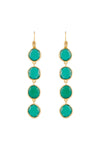 Pair of gold earrings with green gemstones on a white background