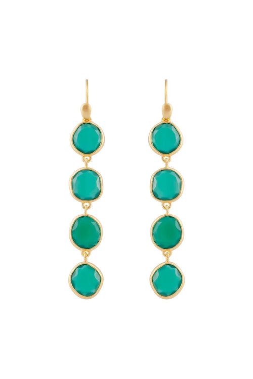 Pair of gold earrings with green gemstones on a white background