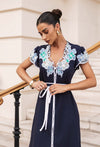 Delray Embroidered Linen Viscose Dress in Lapis