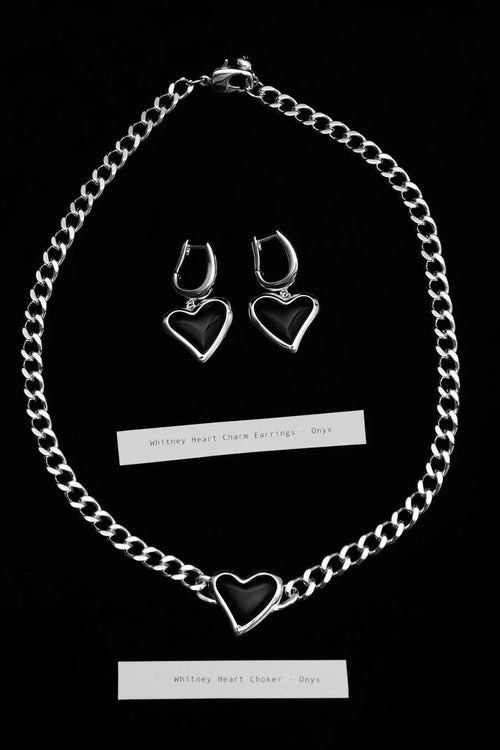 Whitney Heart Charm Earrings Onyx Sterling Silver Plating
