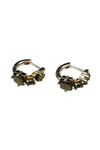 Pair of gold hoop earrings with gemstones on a white background