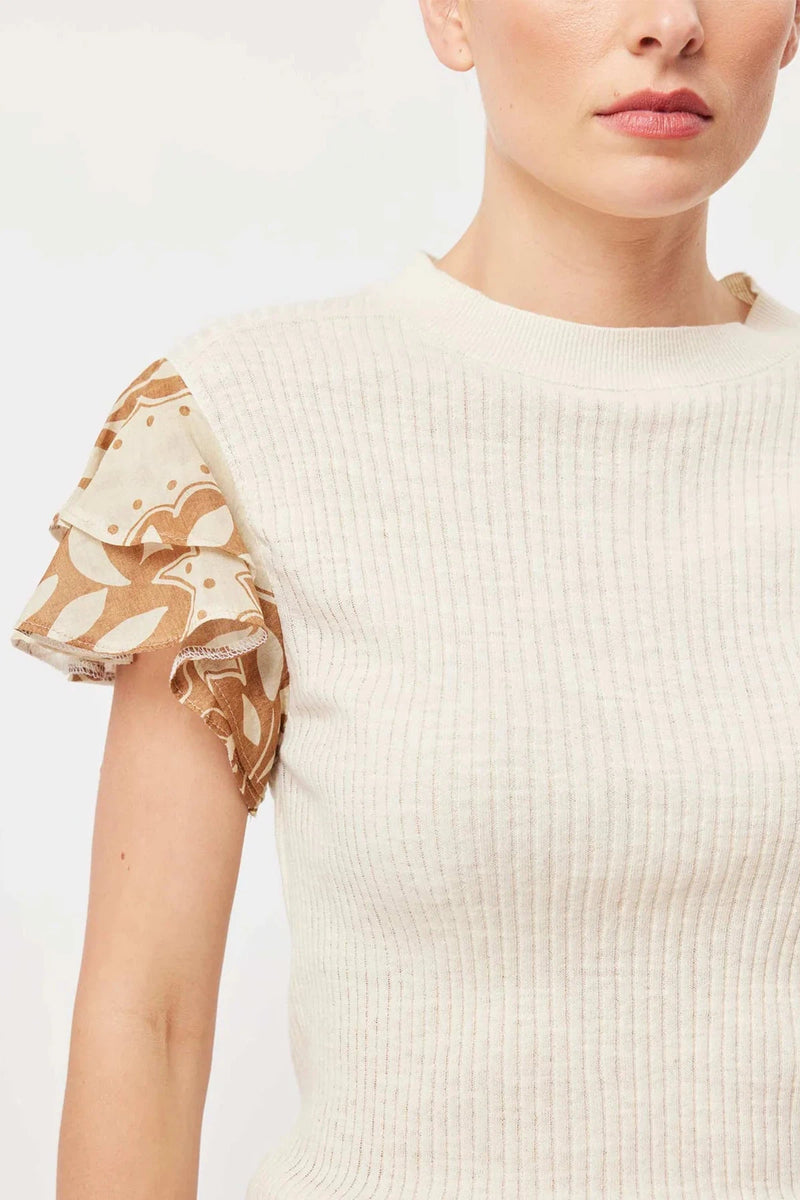 Rio Cotton Linen Ruffle Sleeve Knit Top in Bone