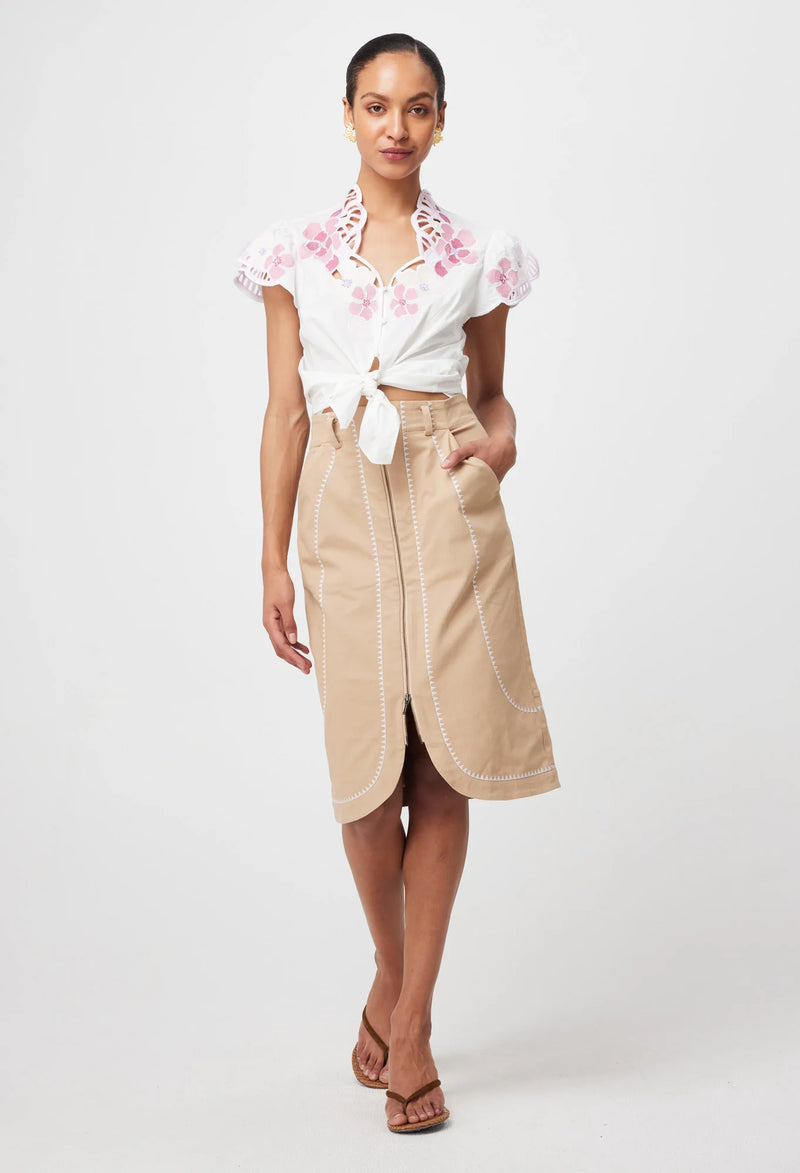 Ballou Embroidered Cotton Voile Blouse in Ivory Blush