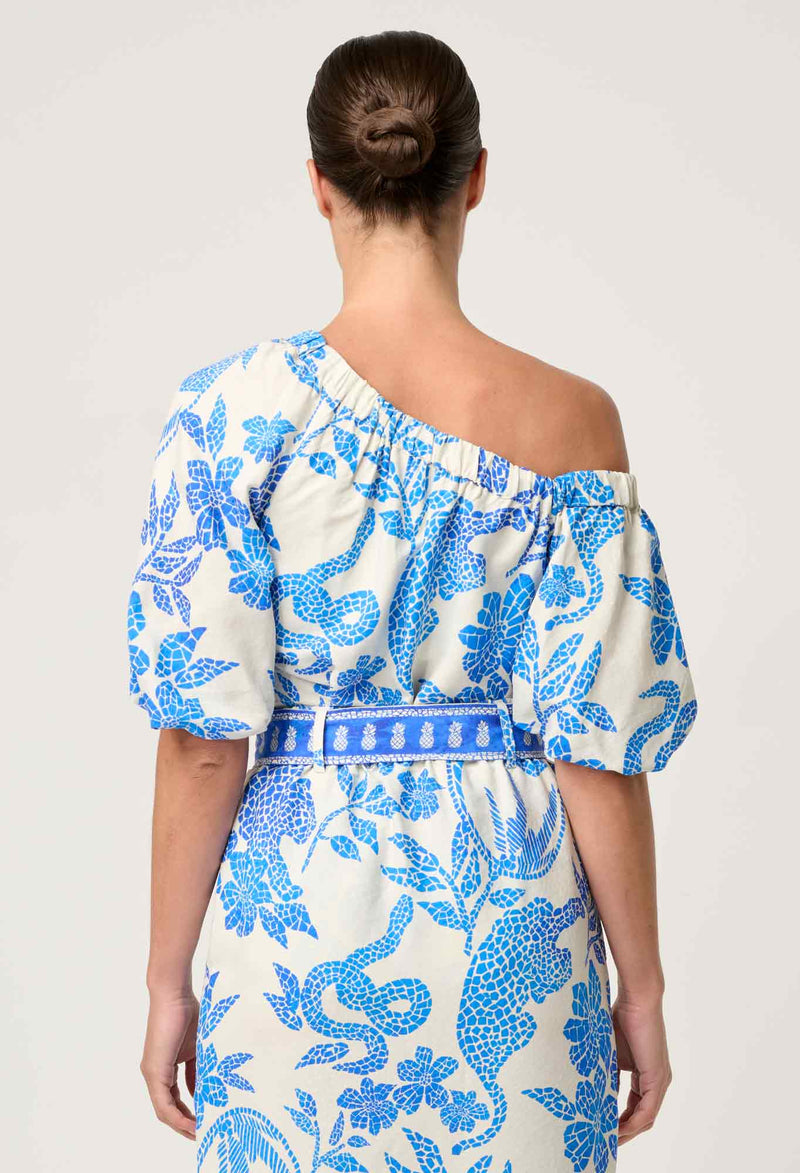 Juno Viscose One Shoulder Top in Azure Mosaic