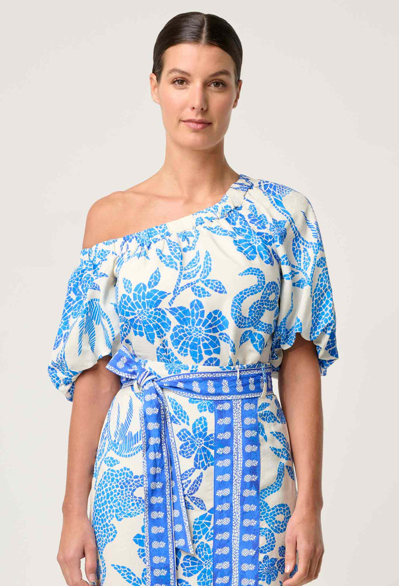 Juno Viscose One Shoulder Top in Azure Mosaic