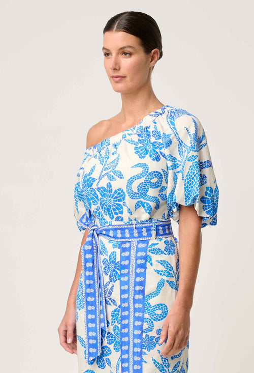 Juno Viscose One Shoulder Top in Azure Mosaic