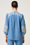Astra Embroidered Tencel 3/4 Sleeve Blouse in Blue Ash