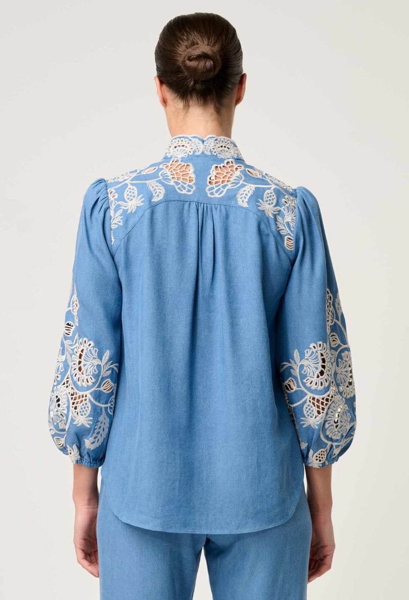 Astra Embroidered Tencel 3/4 Sleeve Blouse in Blue Ash