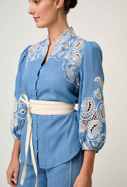 Astra Embroidered Tencel 3/4 Sleeve Blouse in Blue Ash