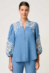 Astra Embroidered Tencel 3/4 Sleeve Blouse in Blue Ash