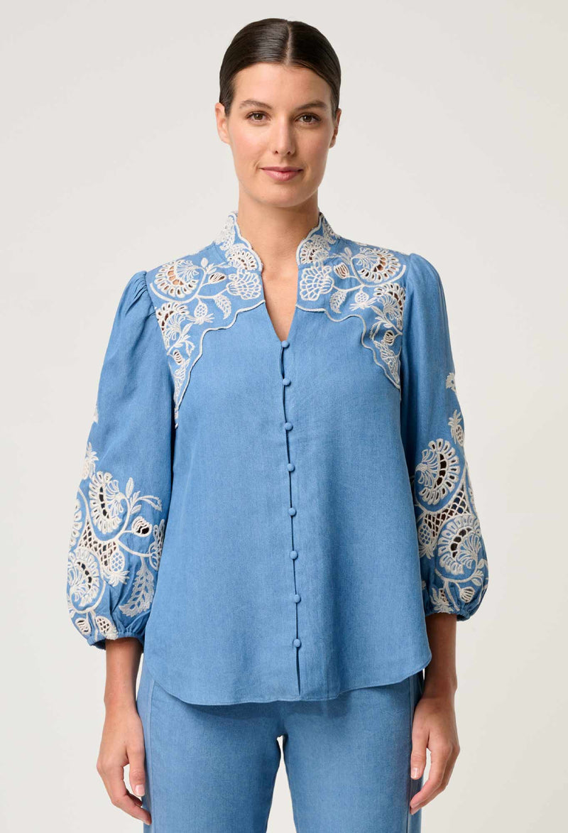 Astra Embroidered Tencel 3/4 Sleeve Blouse in Blue Ash