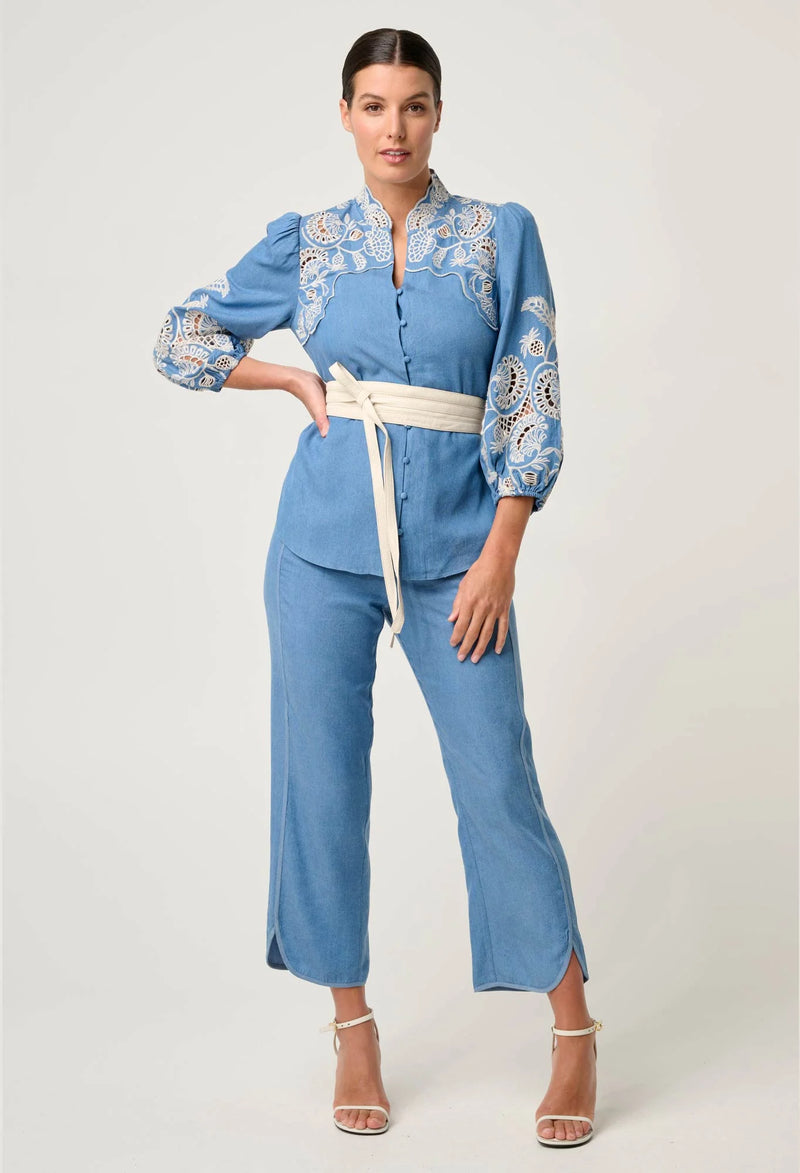 Astra Embroidered Tencel 3/4 Sleeve Blouse in Blue Ash