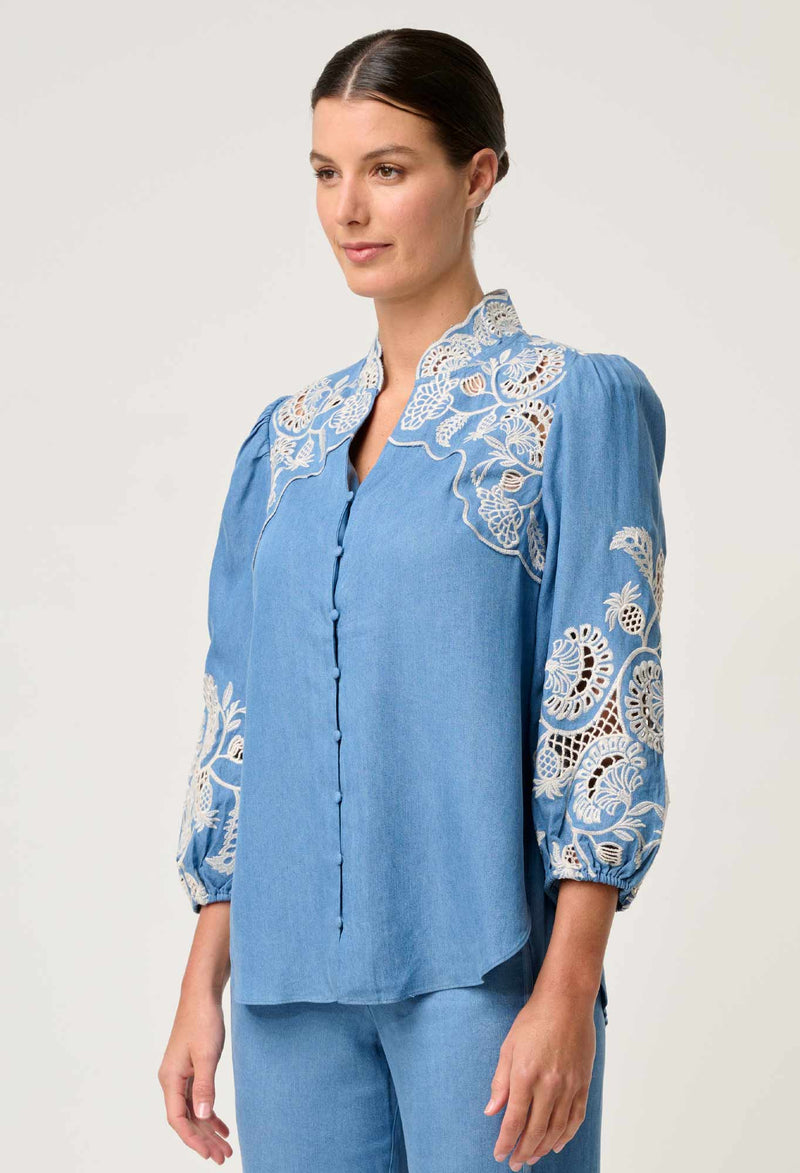 Astra Embroidered Tencel 3/4 Sleeve Blouse in Blue Ash