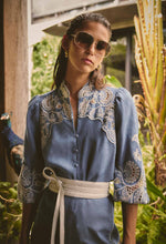 Astra Embroidered Tencel 3/4 Sleeve Blouse in Blue Ash