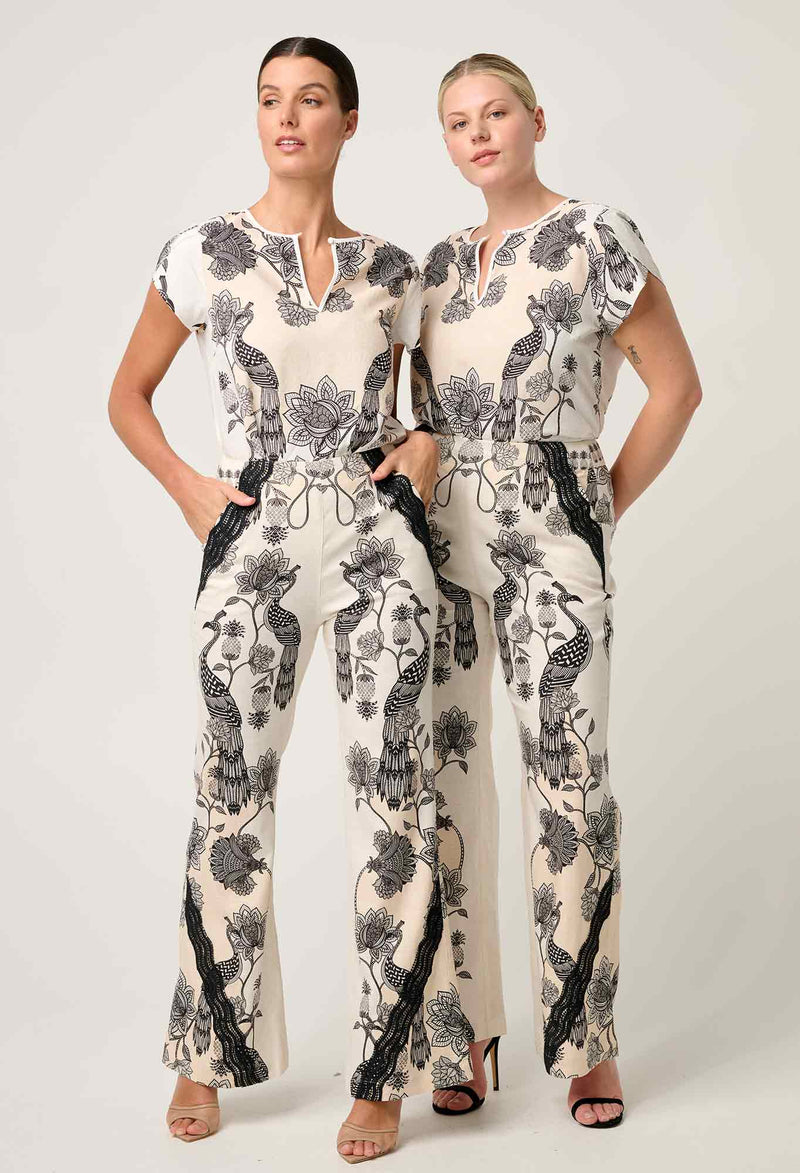 Leandro Contrast Lace Linen Viscose Stretch Pant in Imperial Stone