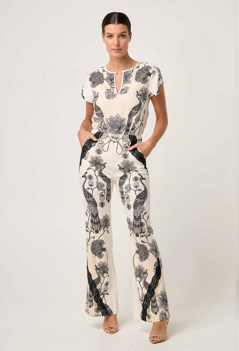 Leandro Contrast Lace Linen Viscose Stretch Pant in Imperial Stone