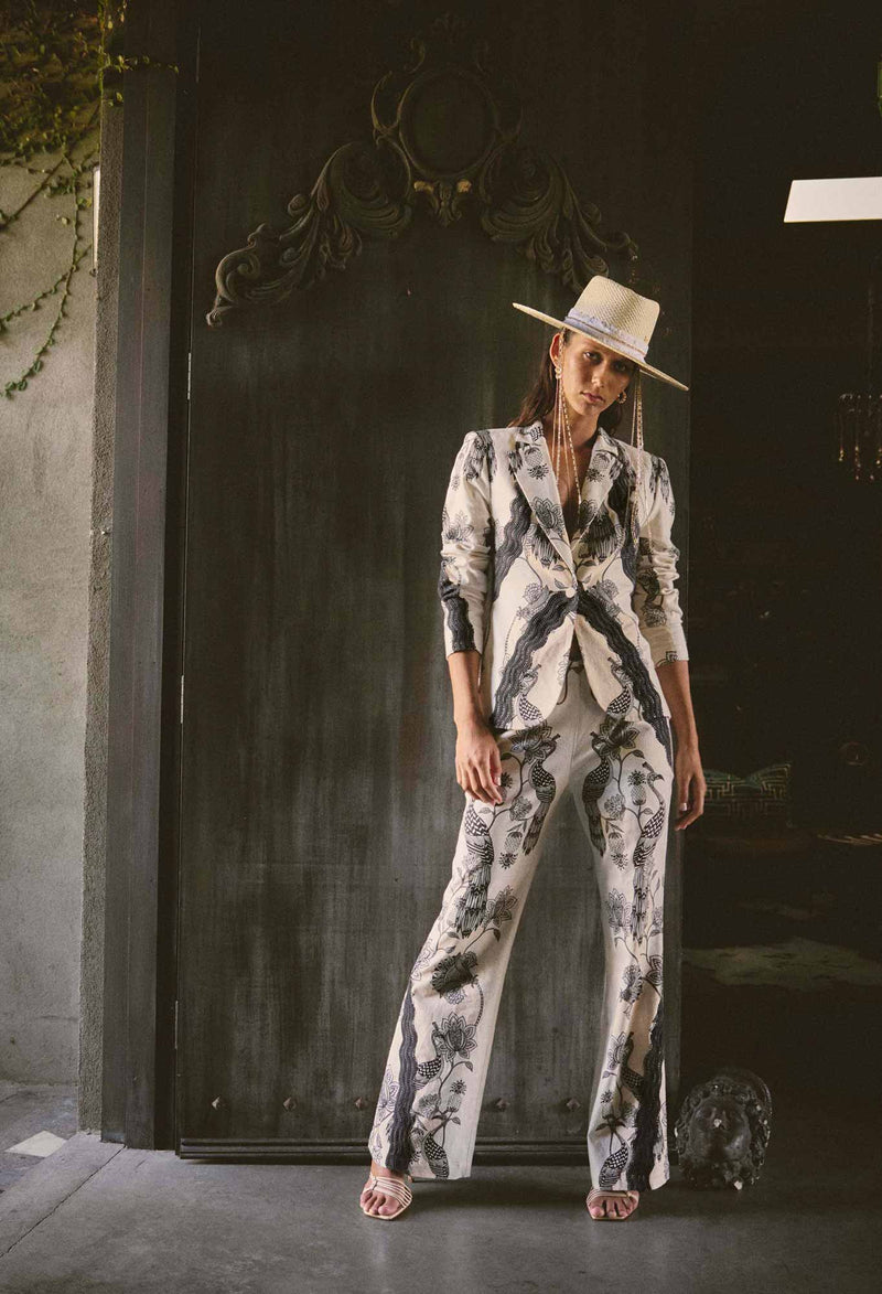 Leandro Contrast Lace Linen Viscose Stretch Pant in Imperial Stone
