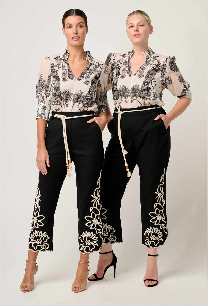 Helm Embroidered Linen Viscose Pant in Black