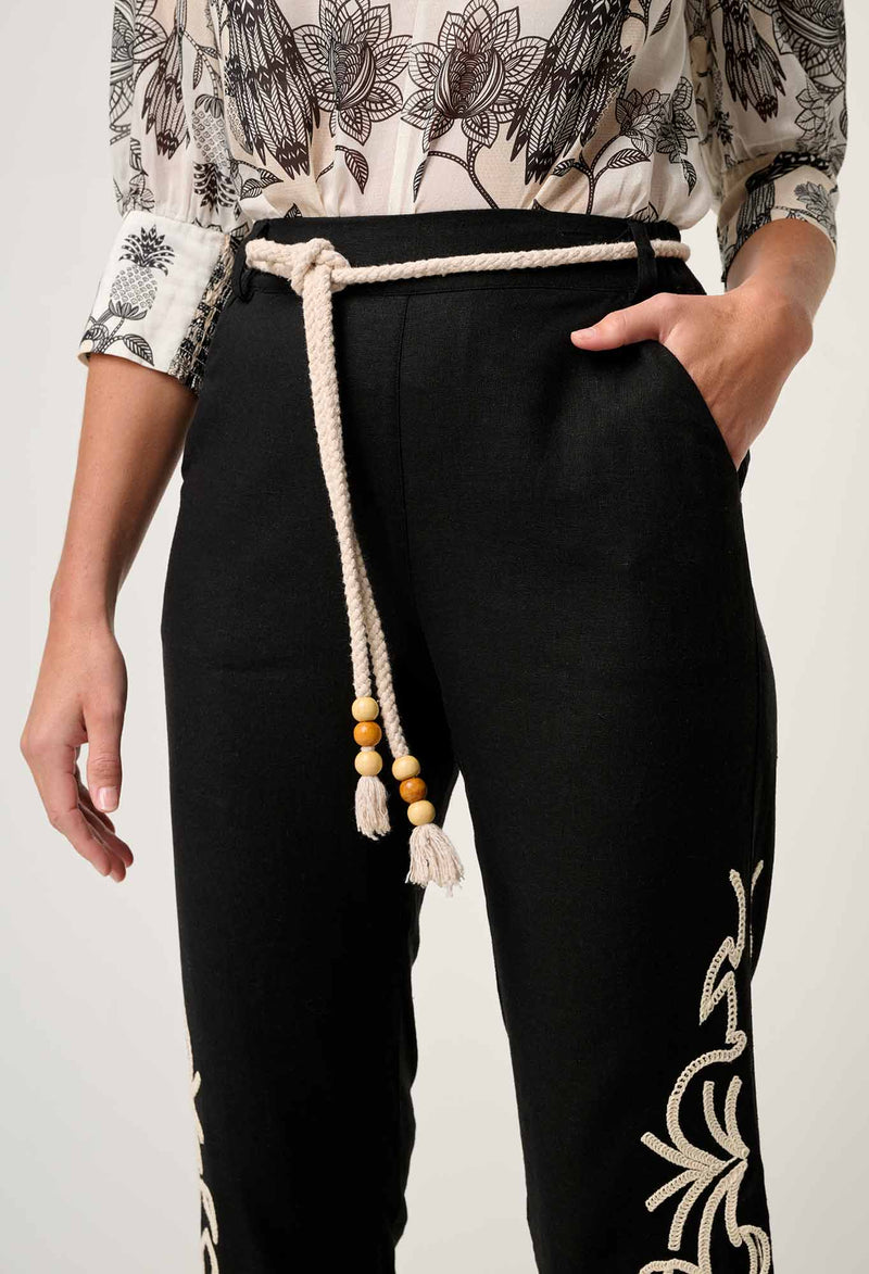 Helm Embroidered Linen Viscose Pant in Black