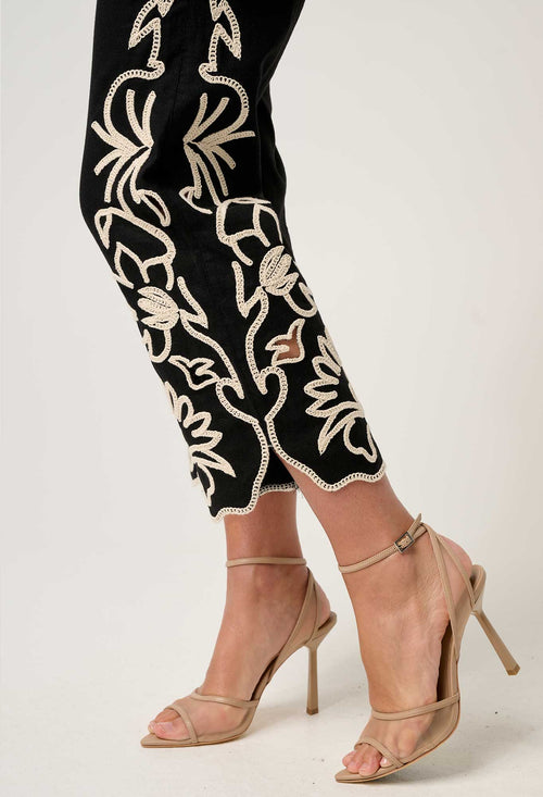 Helm Embroidered Linen Viscose Pant in Black