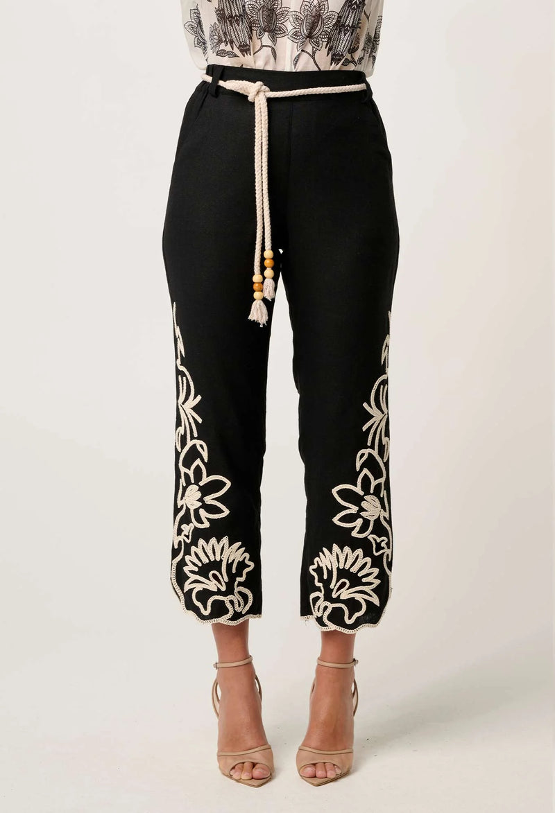 Helm Embroidered Linen Viscose Pant in Black