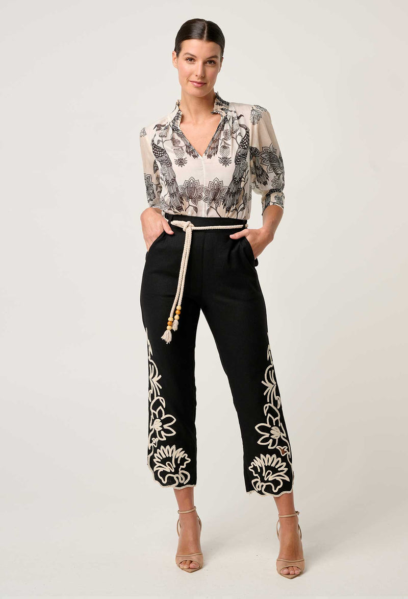 Helm Embroidered Linen Viscose Pant in Black