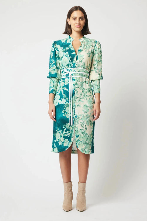 Dynasty Linen Viscose Dress in Jade Floral