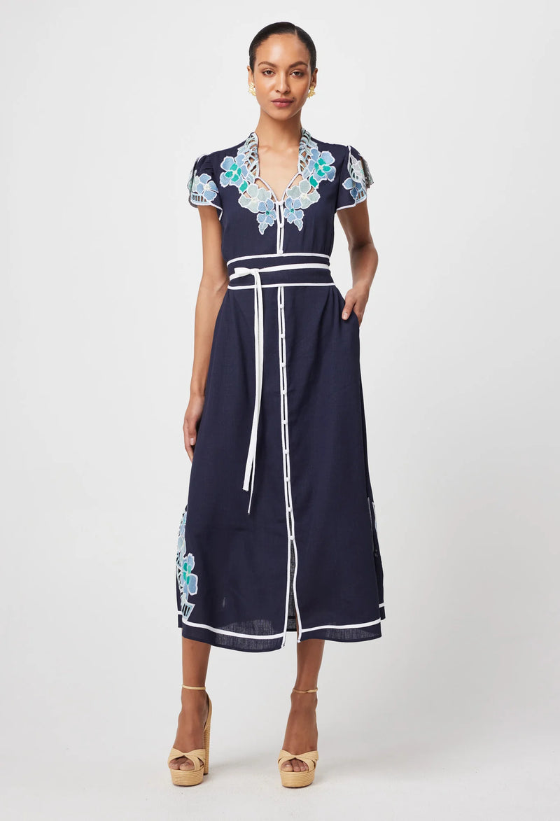 Delray Embroidered Linen Viscose Dress in Lapis