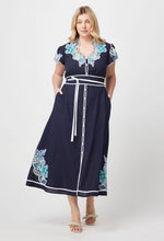 Delray Embroidered Linen Viscose Dress in Lapis