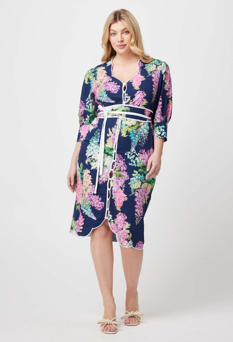 Augustine Embroidered Linen Viscose Dress in Navy Wisteria