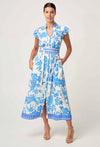 Callista Viscose Dobby Petal Sleeve Dress in Azure Mosaic