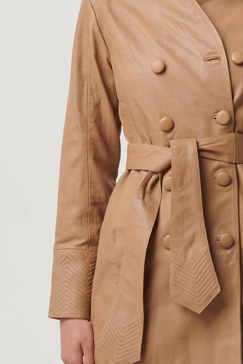 Leighton Leather Herringbone Coat in Wheat