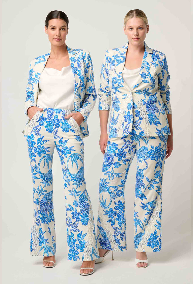Leandro Contrast Lace Linen Viscose Stretch Blazer in Azure Mosaic