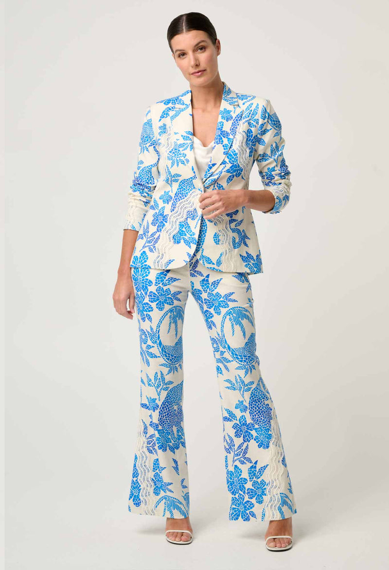 Leandro Contrast Lace Linen Viscose Stretch Blazer in Azure Mosaic