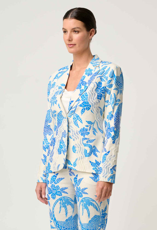 Leandro Contrast Lace Linen Viscose Stretch Blazer in Azure Mosaic