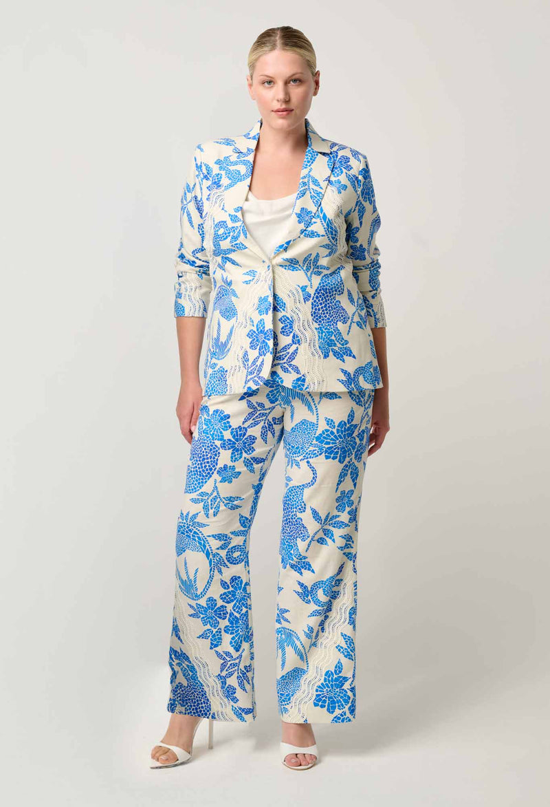 Leandro Contrast Lace Linen Viscose Stretch Blazer in Azure Mosaic