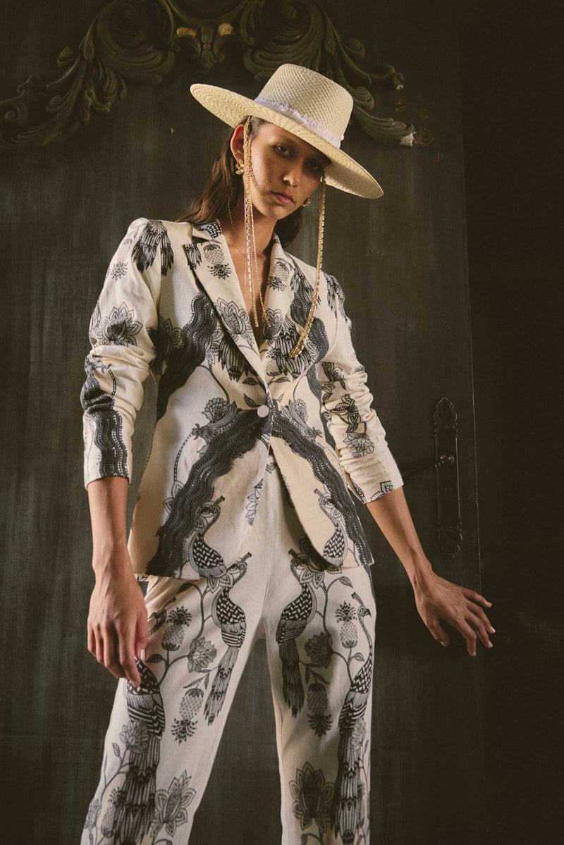Leandro Contrast Lace Linen Viscose Stretch Blazer in Imperial Stone
